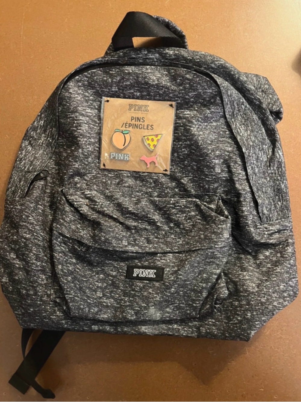 Victoria's Secret PINK Mini Backpack with Summer Fun Logo Pins Grey Marl